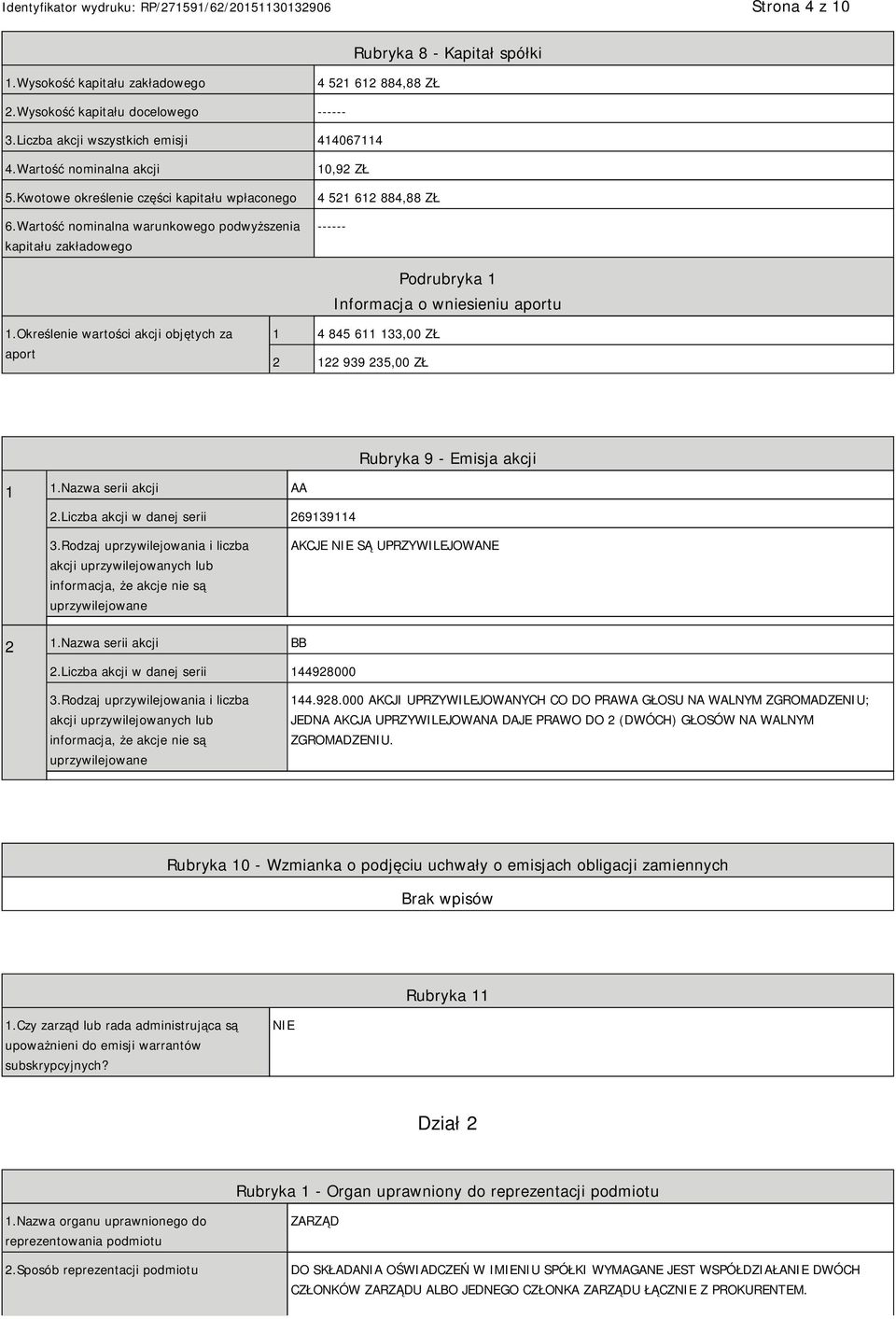 Wartość nominalna warunkowego podwyższenia kapitału zakładowego 10,92 ZŁ 4 521 612 884,88 ZŁ ------ Podrubryka 1 Informacja o wniesieniu aportu 1.