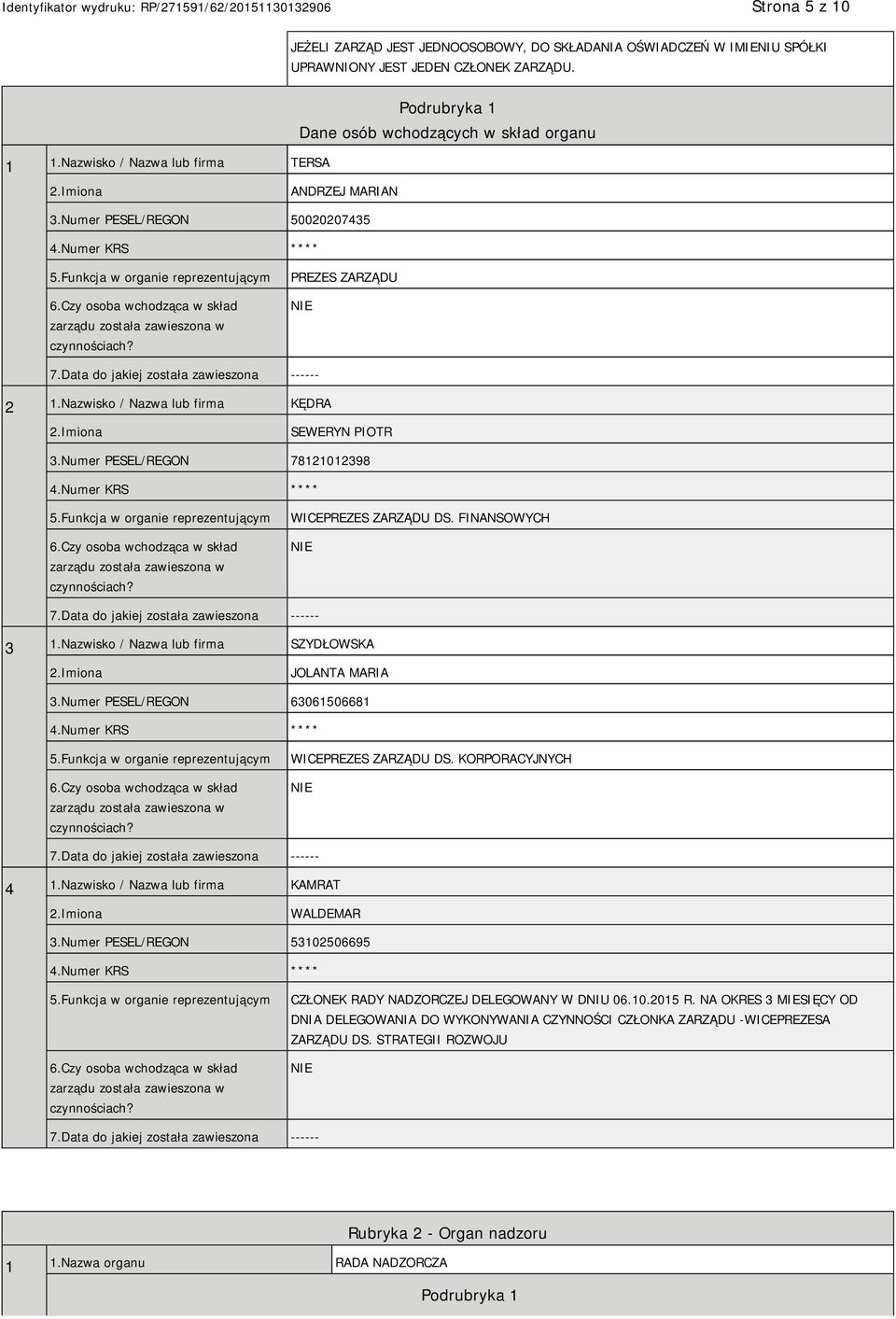 Czy osoba wchodząca w skład zarządu została zawieszona w czynnościach? PREZES ZARZĄDU 7.Data do jakiej została zawieszona ------ 2 1.Nazwisko / Nazwa lub firma KĘDRA SEWERYN PIOTR 3.