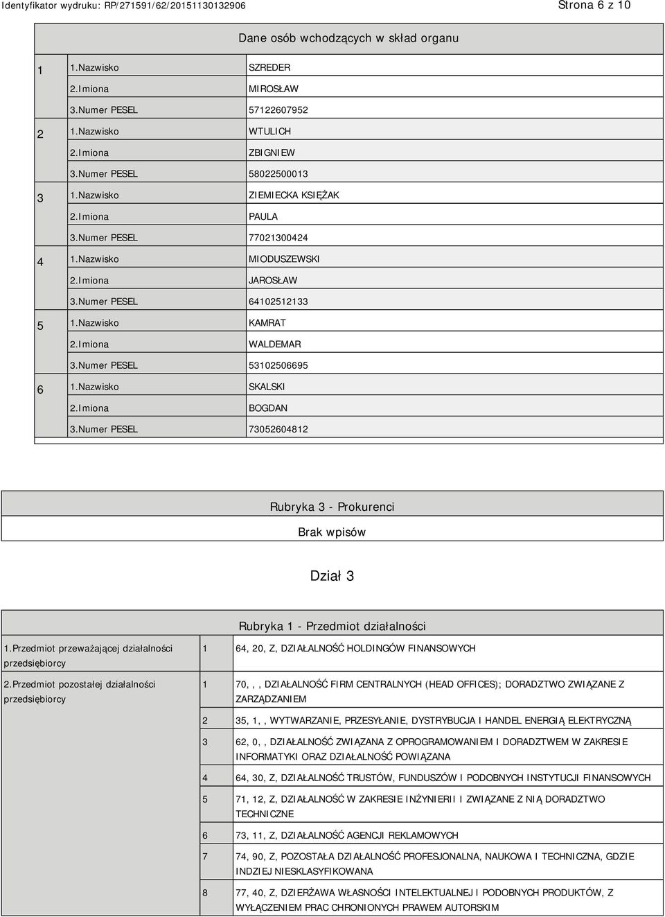 Numer PESEL 73052604812 Rubryka 3 - Prokurenci Dział 3 Rubryka 1 - Przedmiot działalności 1.Przedmiot przeważającej działalności przedsiębiorcy 2.