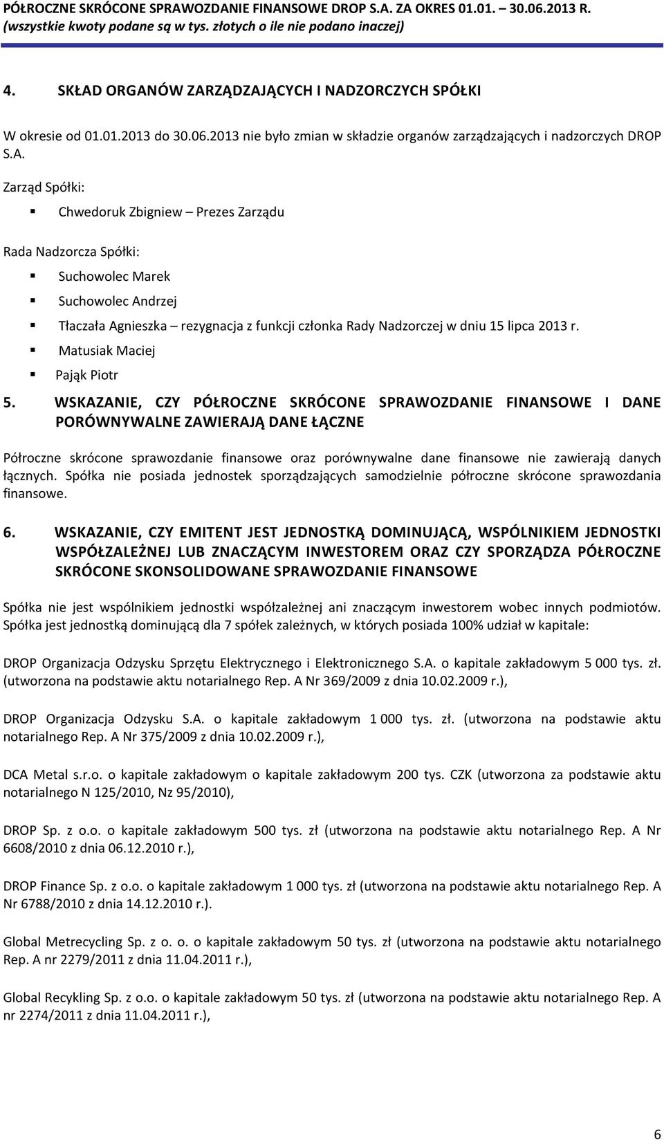 Zarządu Rada Nadzorcza Spółki: Suchowolec Marek Suchowolec Andrzej Tłaczała Agnieszka rezygnacja z funkcji członka Rady Nadzorczej w dniu 15 lipca 2013 r. Matusiak Maciej Pająk Piotr 5.