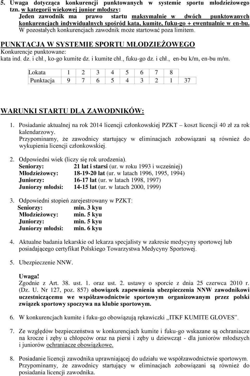 W pozostałych konkurencjach zawodnik może startować poza limitem. PUNKTACJA W SYSTEMIE SPORTU MŁODZIEŻOWEGO Konkurencje punktowane: kata ind. dz. i chł., ko-go kumite dz. i kumite chł., fuku-go dz.