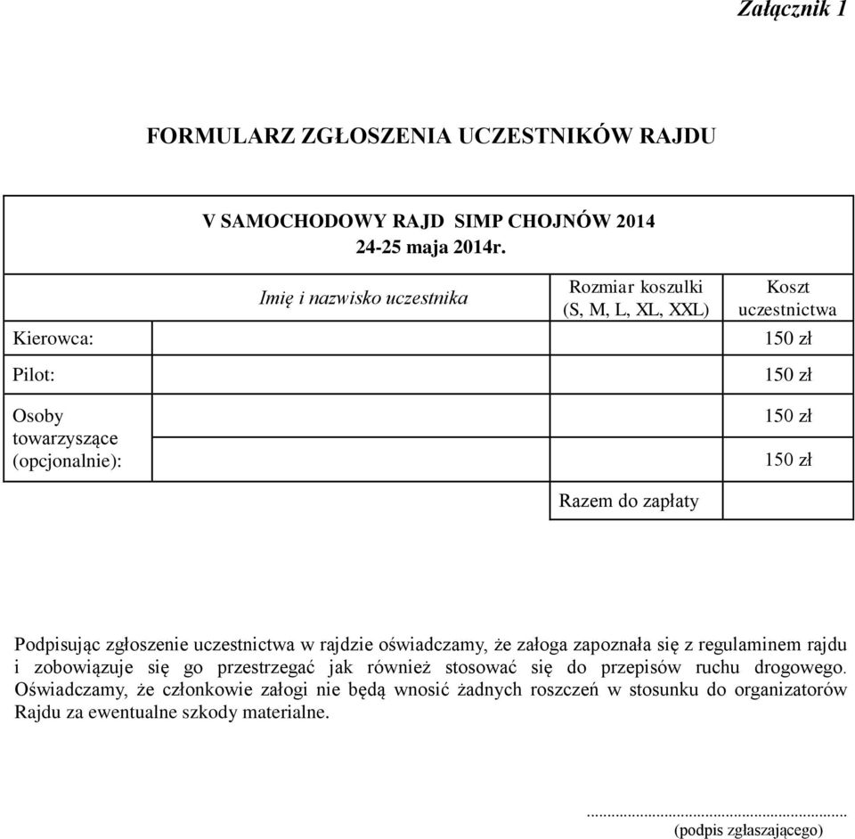 150 zł 150 zł 150 zł Podpisując zgłoszenie uczestnictwa w rajdzie oświadczamy, że załoga zapoznała się z regulaminem rajdu i zobowiązuje się go przestrzegać