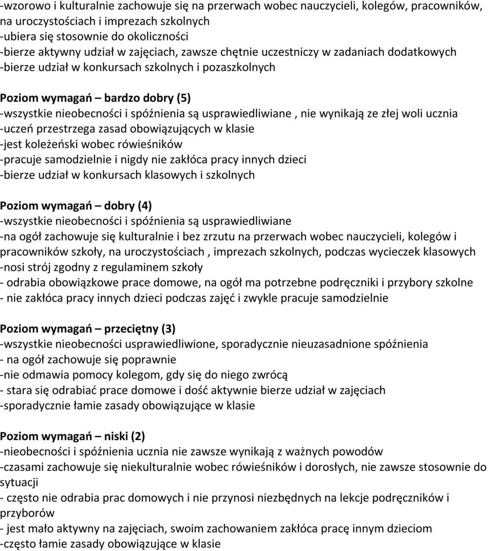 usprawiedliwiane, nie wynikają ze złej woli ucznia -uczeń przestrzega zasad obowiązujących w klasie -jest koleżeński wobec rówieśników -pracuje samodzielnie i nigdy nie zakłóca pracy innych dzieci