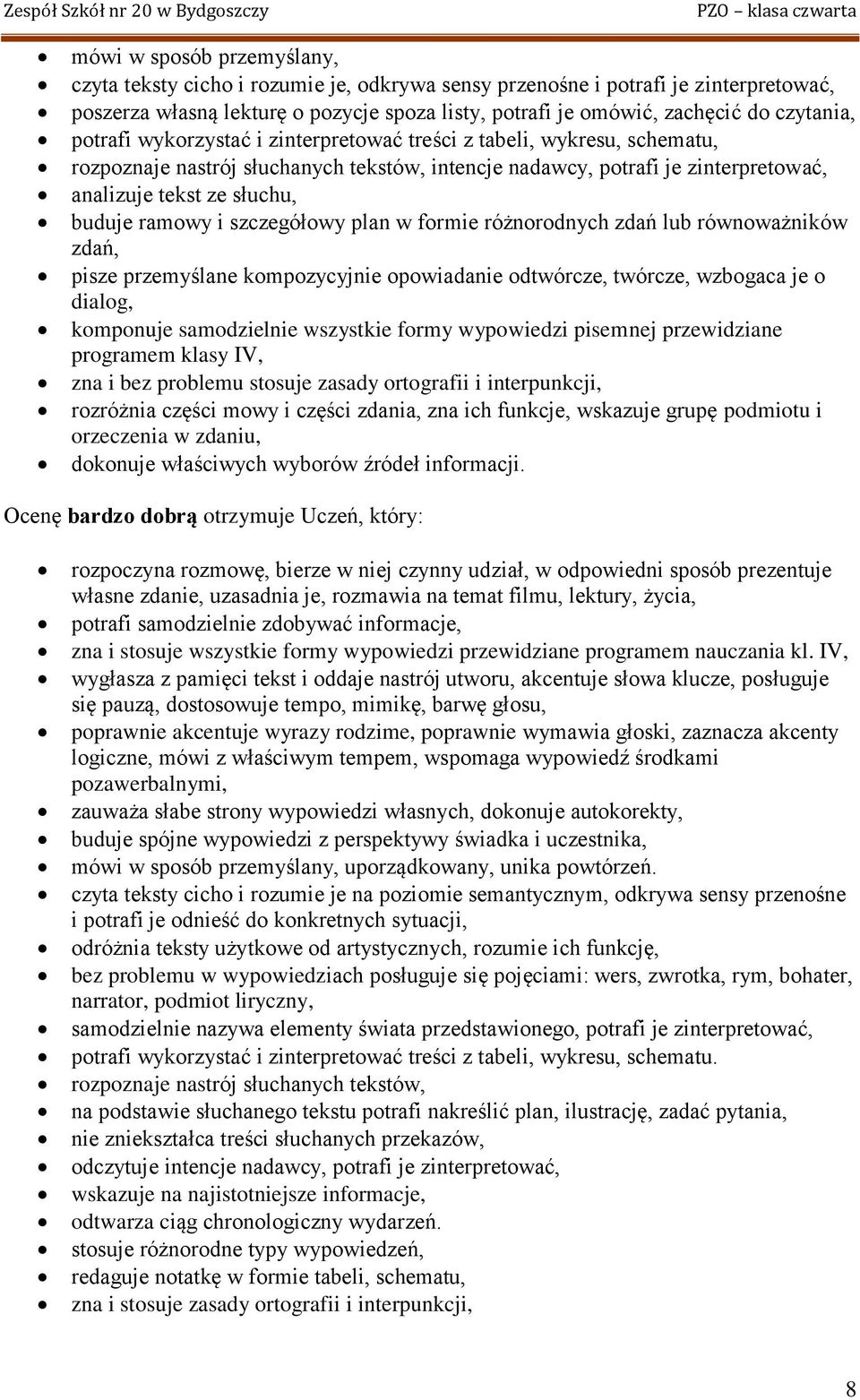 buduje ramowy i szczegółowy plan w formie różnorodnych zdań lub równoważników zdań, pisze przemyślane kompozycyjnie opowiadanie odtwórcze, twórcze, wzbogaca je o dialog, komponuje samodzielnie