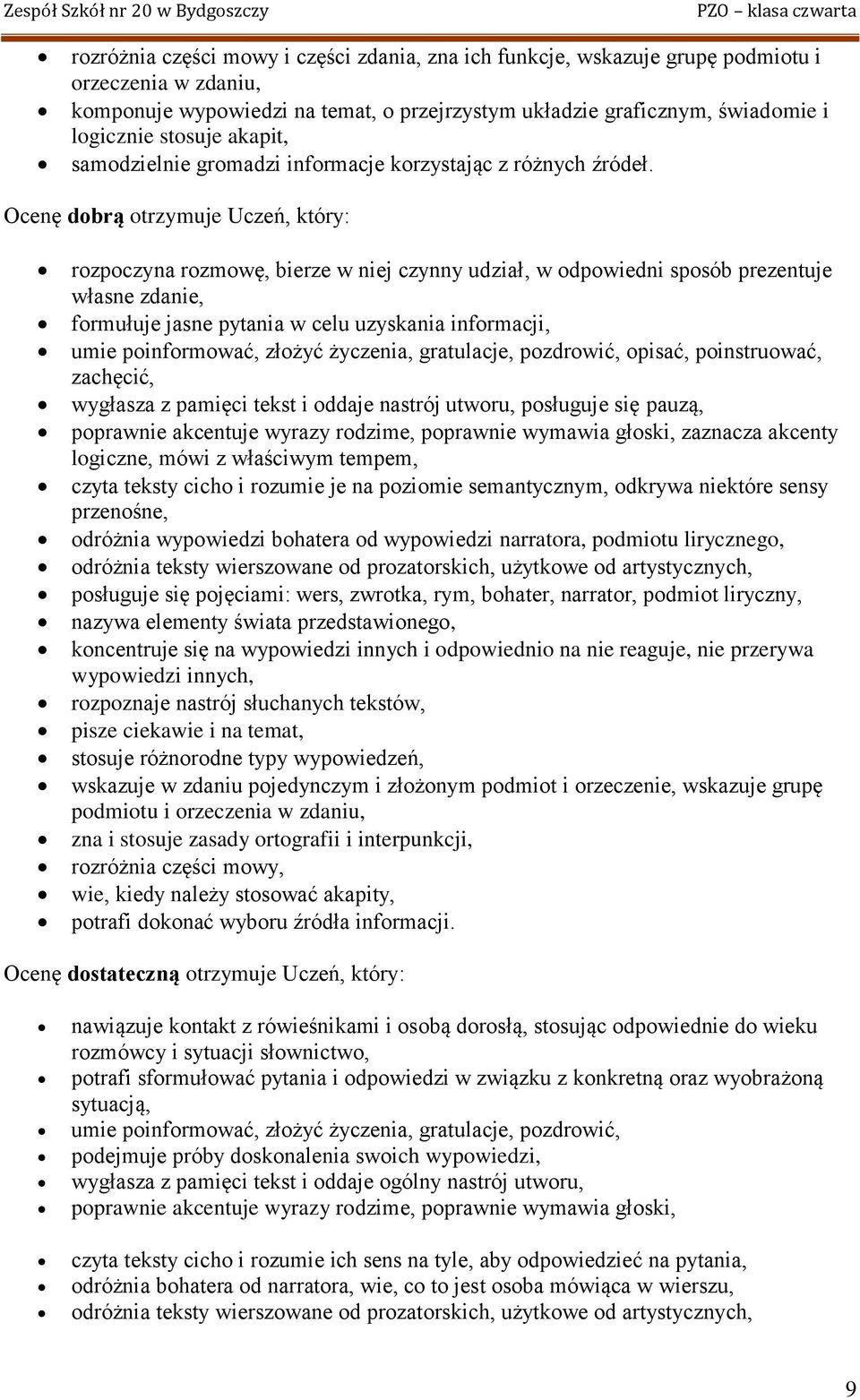 Ocenę dobrą otrzymuje Uczeń, który: rozpoczyna rozmowę, bierze w niej czynny udział, w odpowiedni sposób prezentuje własne zdanie, formułuje jasne pytania w celu uzyskania informacji, umie