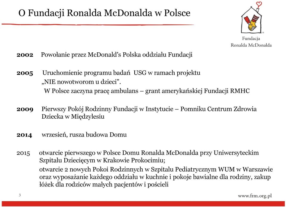 wrzesień, rusza budowa Domu 2015 otwarcie pierwszego w Polsce Domu Ronalda McDonalda przy Uniwersyteckim Szpitalu Dziecięcym w Krakowie Prokocimiu; otwarcie 2 nowych Pokoi