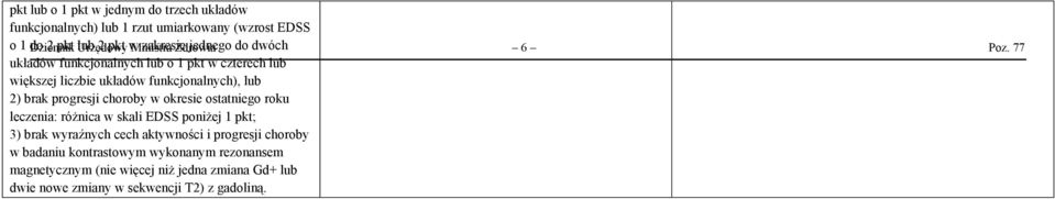 77 układów funkcjonalnych lub o 1 pkt w czterech lub większej liczbie układów funkcjonalnych), lub 2) brak progresji choroby w okresie
