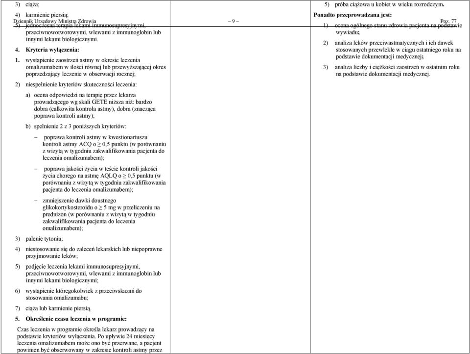 wystąpienie zaostrzeń astmy w okresie leczenia omalizumabem w ilości równej lub przewyższającej okres poprzedzający leczenie w obserwacji rocznej; 2) niespełnienie kryteriów skuteczności leczenia: a)