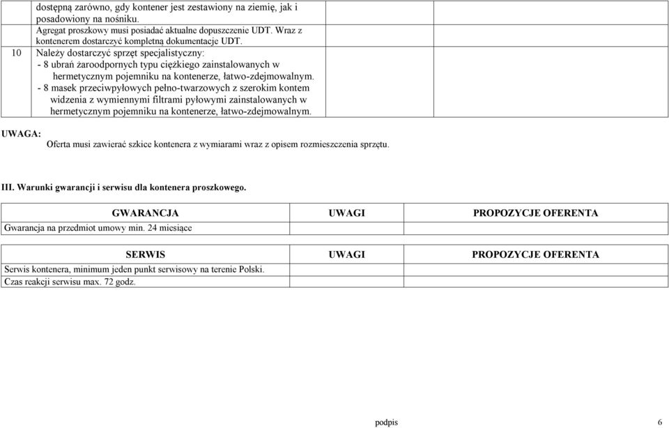 10 Należy dostarczyć sprzęt specjalistyczny: - 8 ubrań żaroodpornych typu ciężkiego zainstalowanych w hermetycznym pojemniku na kontenerze, łatwo-zdejmowalnym.