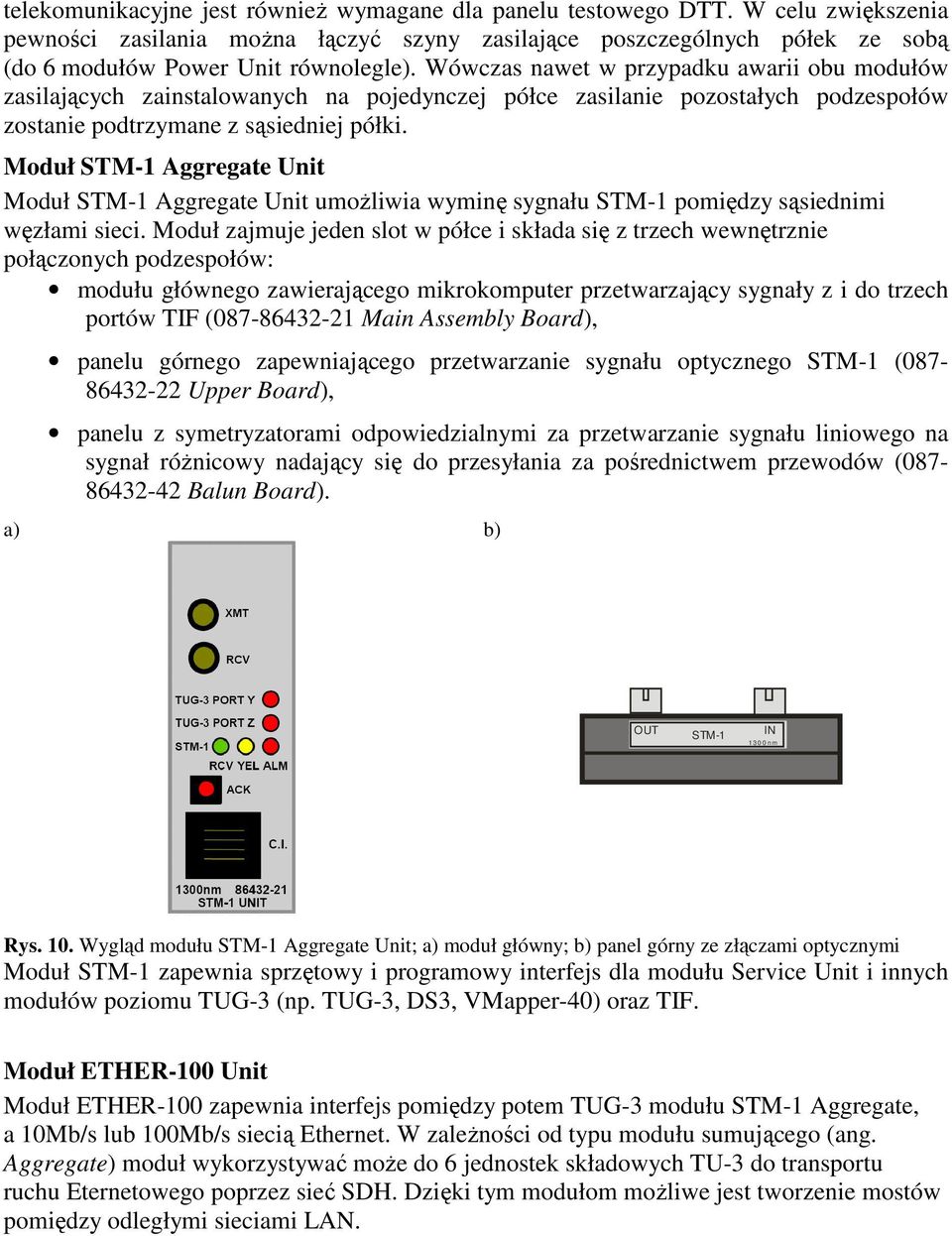 Moduł STM-1 Aggregate Unit Moduł STM-1 Aggregate Unit umoŝliwia wyminę sygnału STM-1 pomiędzy sąsiednimi węzłami sieci.