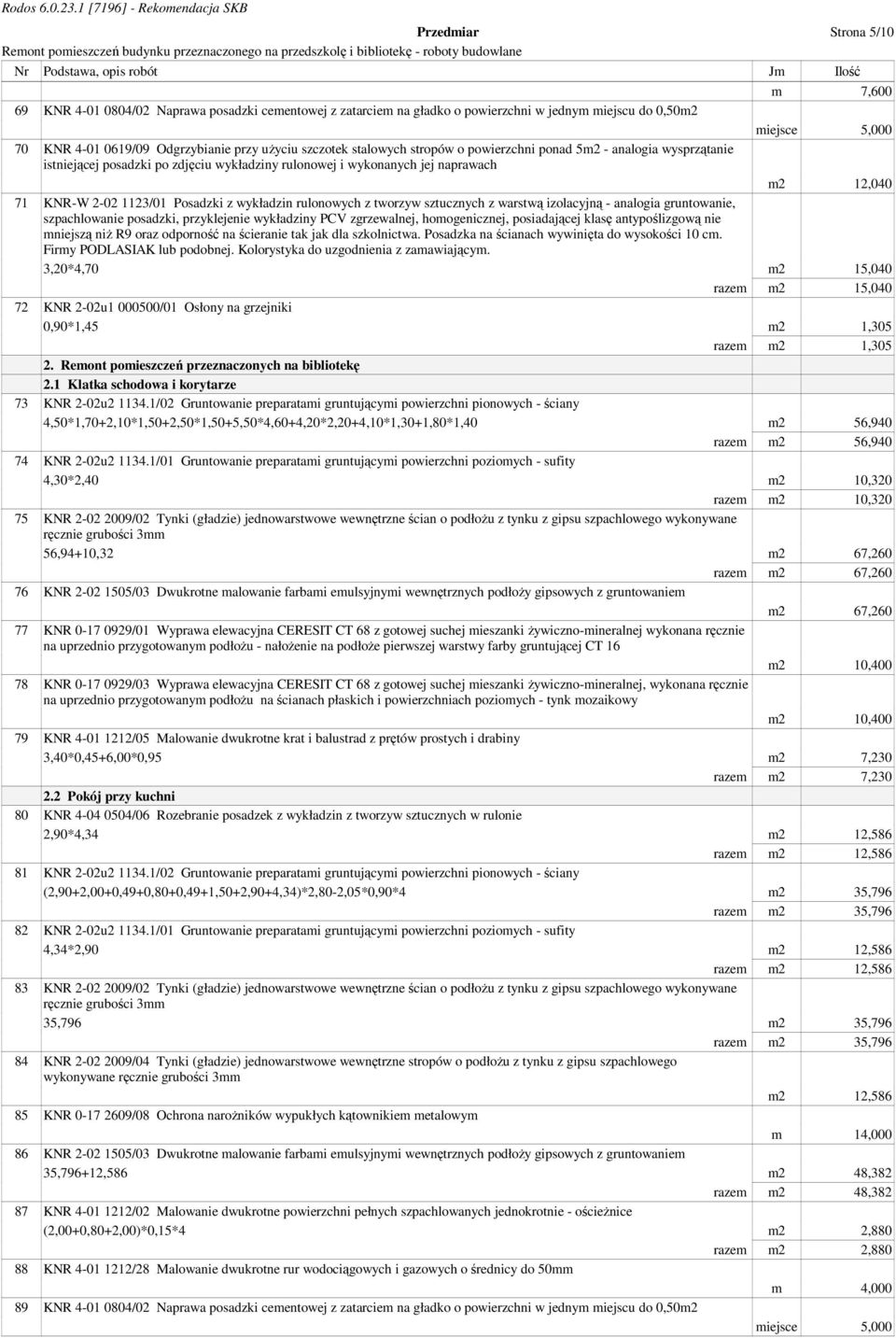 gruntowanie, 3,20*4,70 m2 15,040 razem m2 15,040 72 KNR 2-02u1 000500/01 Osłony na grzejniki 0,90*1,45 m2 1,305 razem m2 1,305 2. Remont pomieszczeń przeznaczonych na bibliotekę 2.