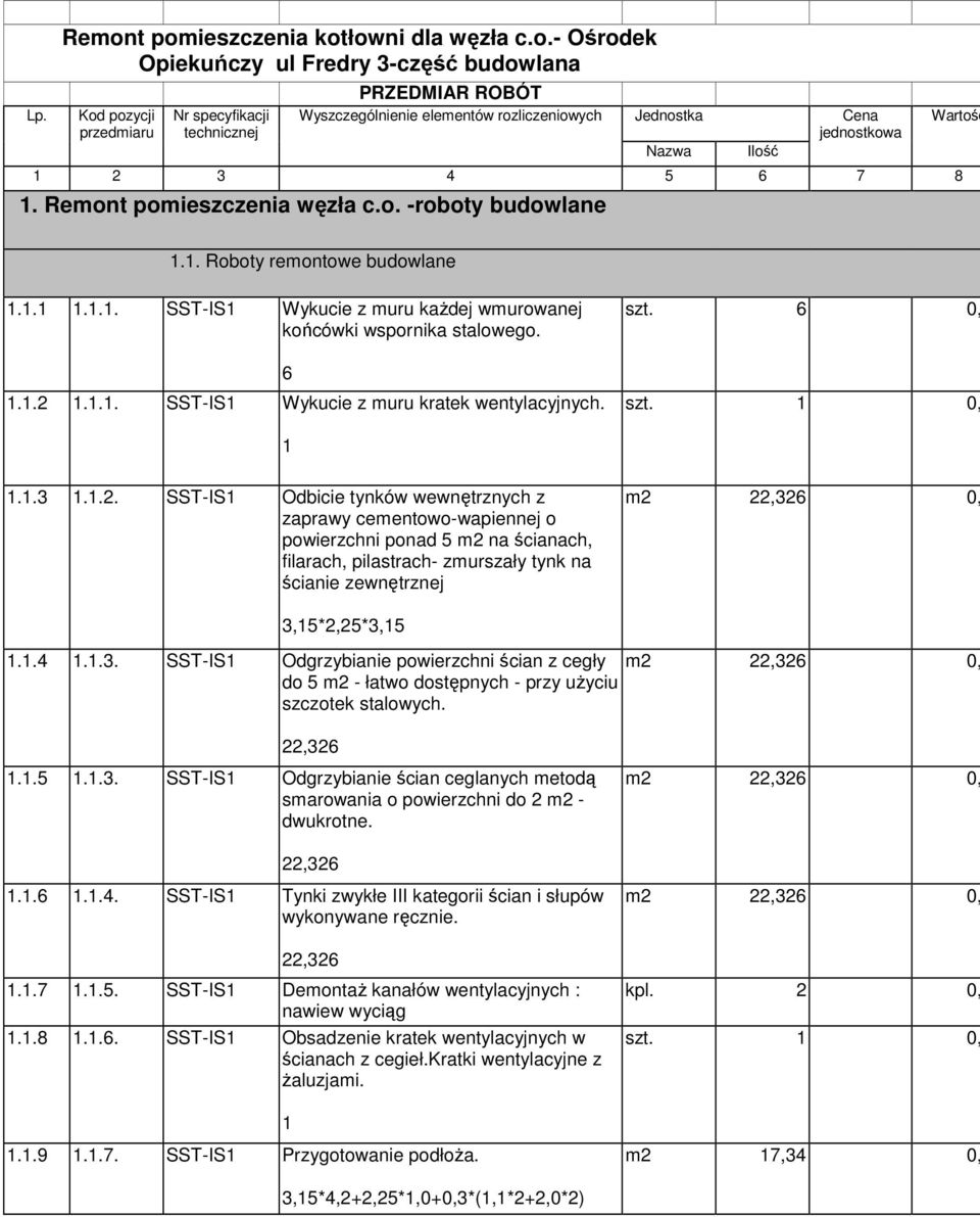 Jednostka Cena jednostkowa Nazwa Ilość 1 2 3 4 5 6 7 8 1. Remont pomieszczenia węzła c.o. -roboty budowlane Wartość 1.1. Roboty remontowe budowlane 1.1.1 1.1.1. SST-IS1 Wykucie z muru kaŝdej wmurowanej końcówki wspornika stalowego.