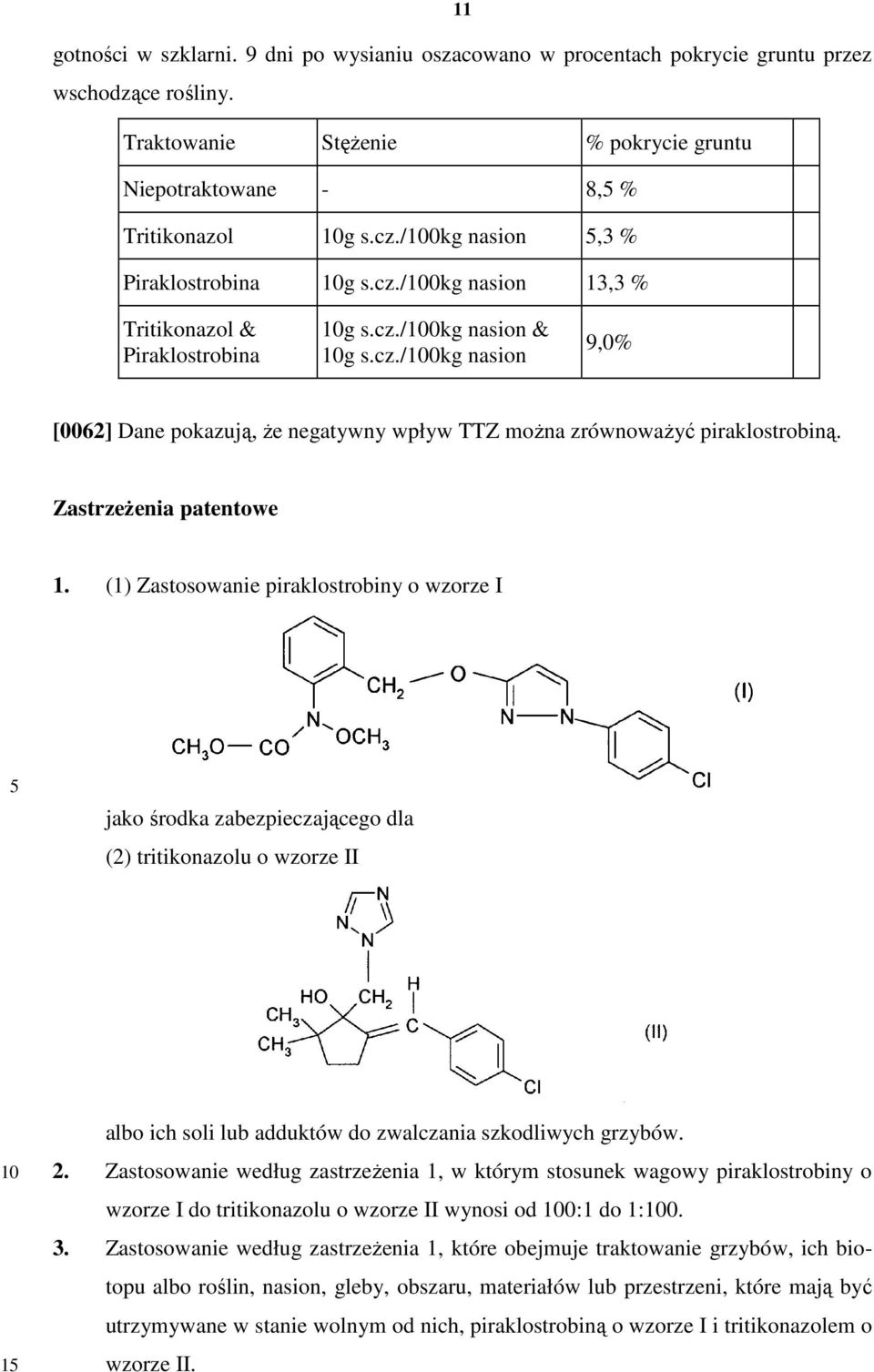Zastrzeżenia patentowe 1. (1) Zastosowanie piraklostrobiny o wzorze I jako środka zabezpieczającego dla (2) tritikonazolu o wzorze II albo ich soli lub adduktów do zwalczania szkodliwych grzybów. 2.
