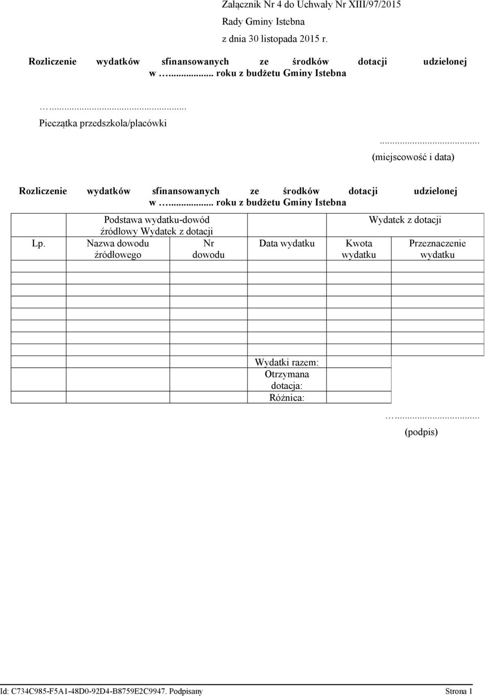 .. (miejscowość i data) Rozliczenie wydatków sfinansowanych ze środków dotacji udzielonej w... roku z budżetu Gminy Istebna Lp.