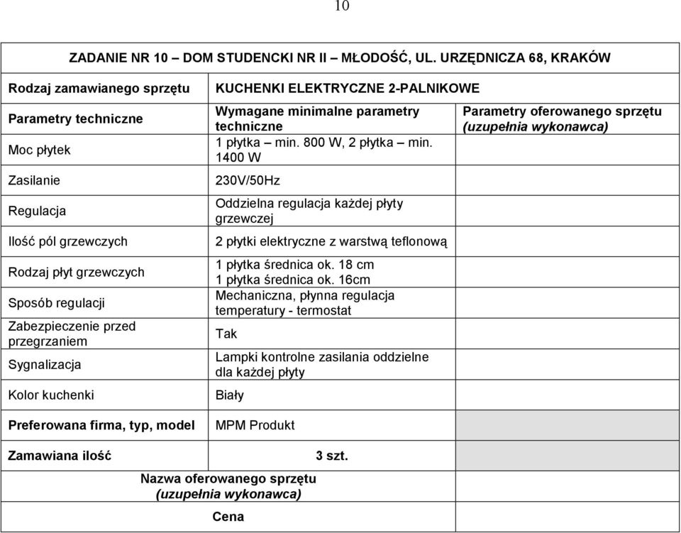 przegrzaniem Sygnalizacja Kolor kuchenki KUCHENKI ELEKTRYCZNE 2-PALNIKOWE 1 płytka min. 800 W, 2 płytka min.
