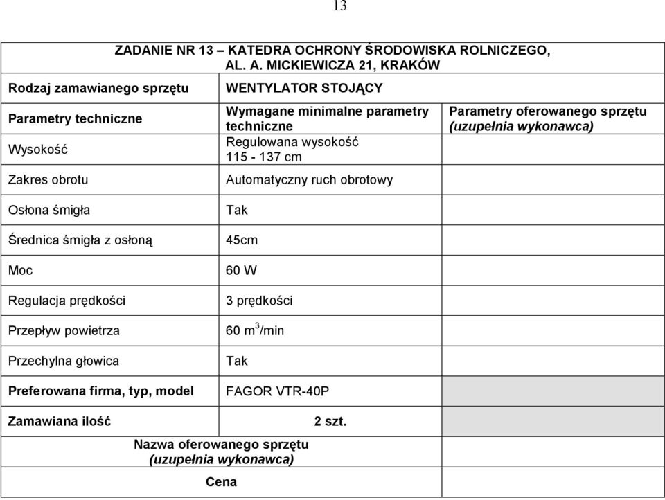 Automatyczny ruch obrotowy Osłona śmigła Średnica śmigła z osłoną Moc Regulacja