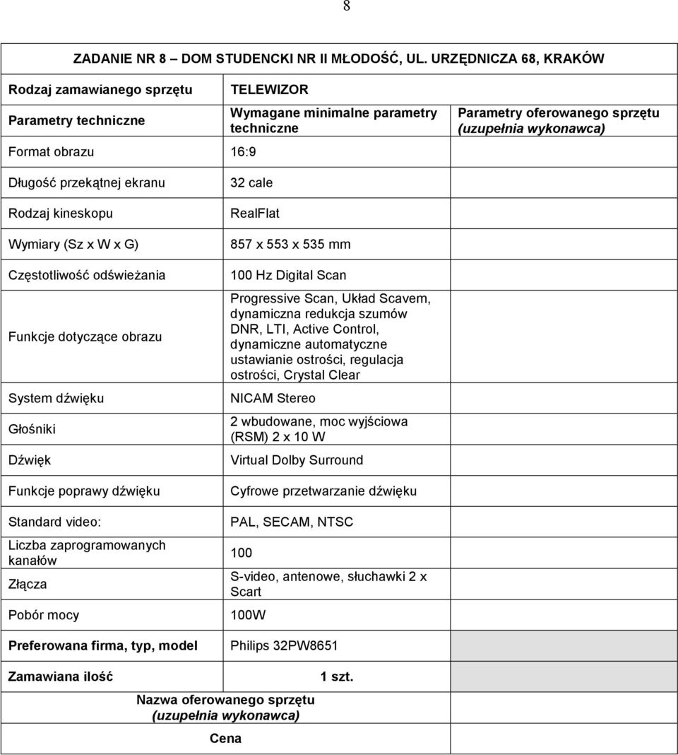 Głośniki Dźwięk Funkcje poprawy dźwięku Standard video: Liczba zaprogramowanych kanałów Złącza Pobór mocy 32 cale RealFlat 857 x 553 x 535 mm 100 Hz Digital Scan Progressive Scan, Układ