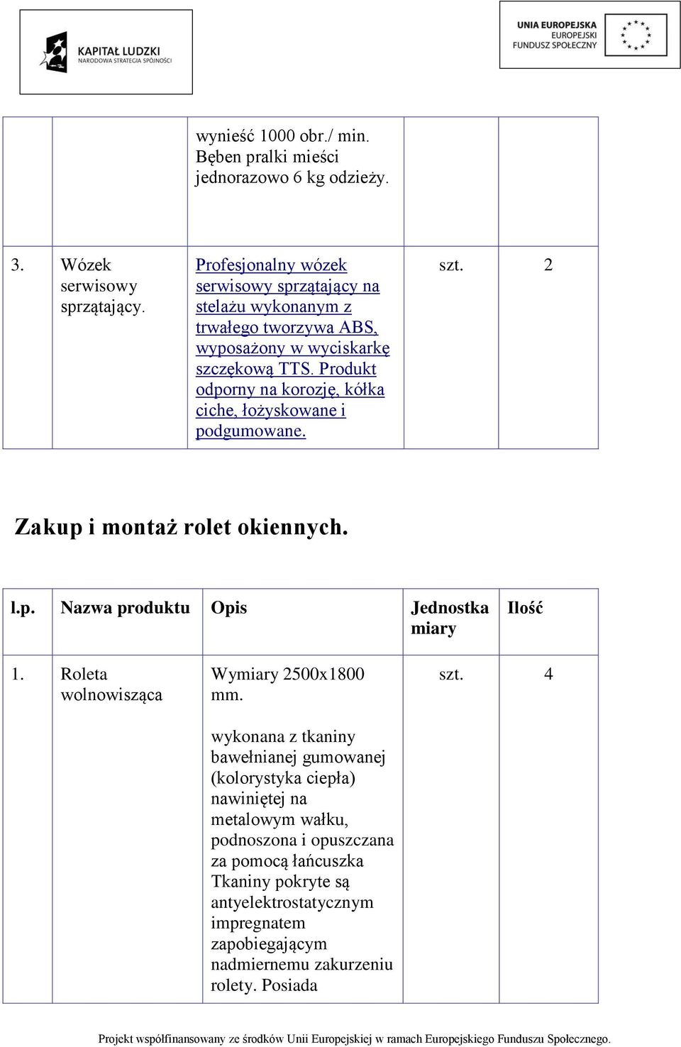 Produkt odporny na korozję, kółka ciche, łożyskowane i podgumowane. szt. 2 Zakup i montaż rolet okiennych. l.p. Nazwa produktu Opis Jednostka 1.