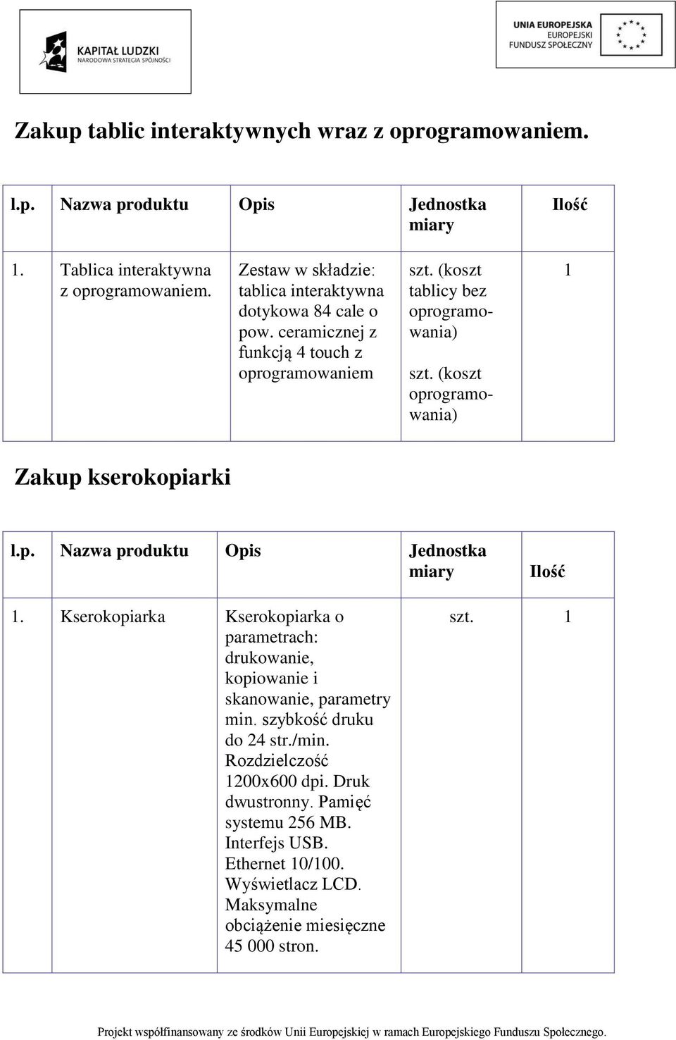 (koszt oprogramowania) 1 Zakup kserokopiarki l.p. Nazwa produktu Opis Jednostka 1.