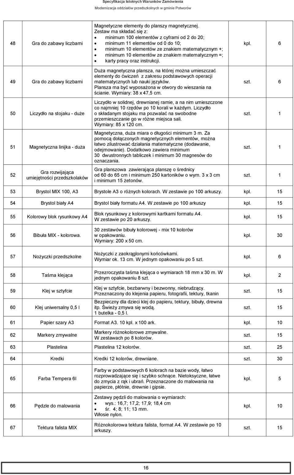 Zestaw ma składać się z: minimum 100 elementów z cyframi od 2 do 20; minimum 11 elementów od 0 do 10; minimum 10 elementów ze znakiem matematycznym +; minimum 10 elementów ze znakiem matematycznym =;