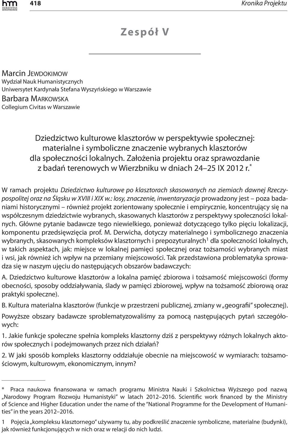 Założenia projektu oraz sprawozdanie z badań terenowych w Wierzbniku w dniach 24 25 IX 2012 r.