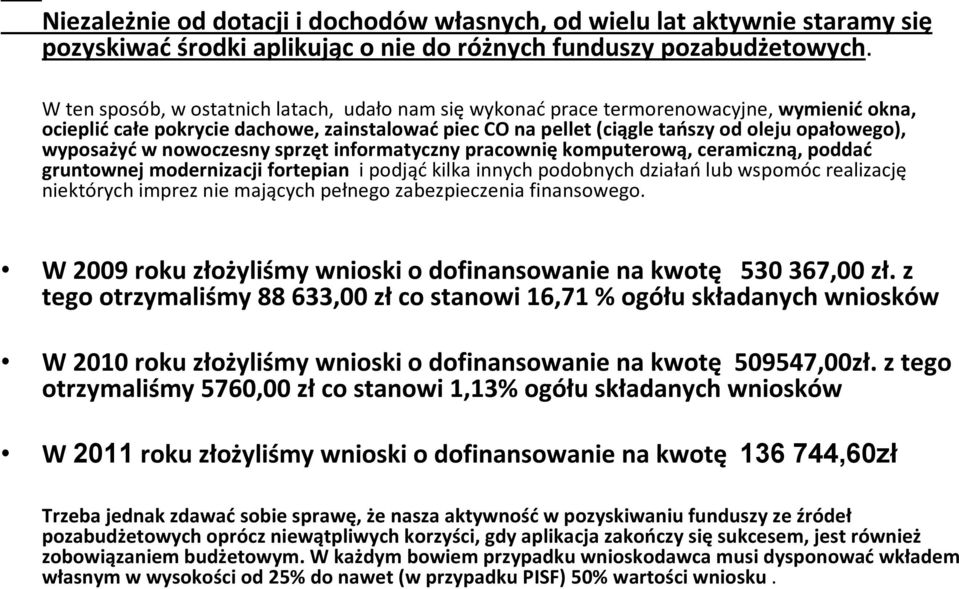 wyposażyć w nowoczesny sprzęt informatyczny pracownię komputerową, ceramiczną, poddać gruntownej modernizacji fortepian i podjąć kilka innych podobnych działań lub wspomóc realizację niektórych