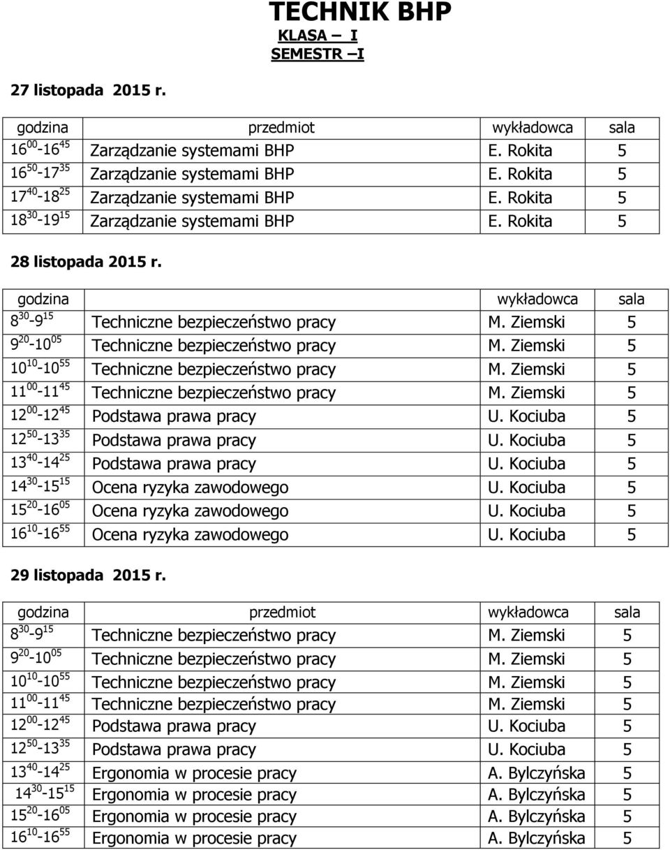 Ziemski 5 10 10-10 55 Techniczne bezpieczeństwo pracy M. Ziemski 5 11 00-11 45 Techniczne bezpieczeństwo pracy M. Ziemski 5 12 00-12 45 Podstawa prawa pracy U.