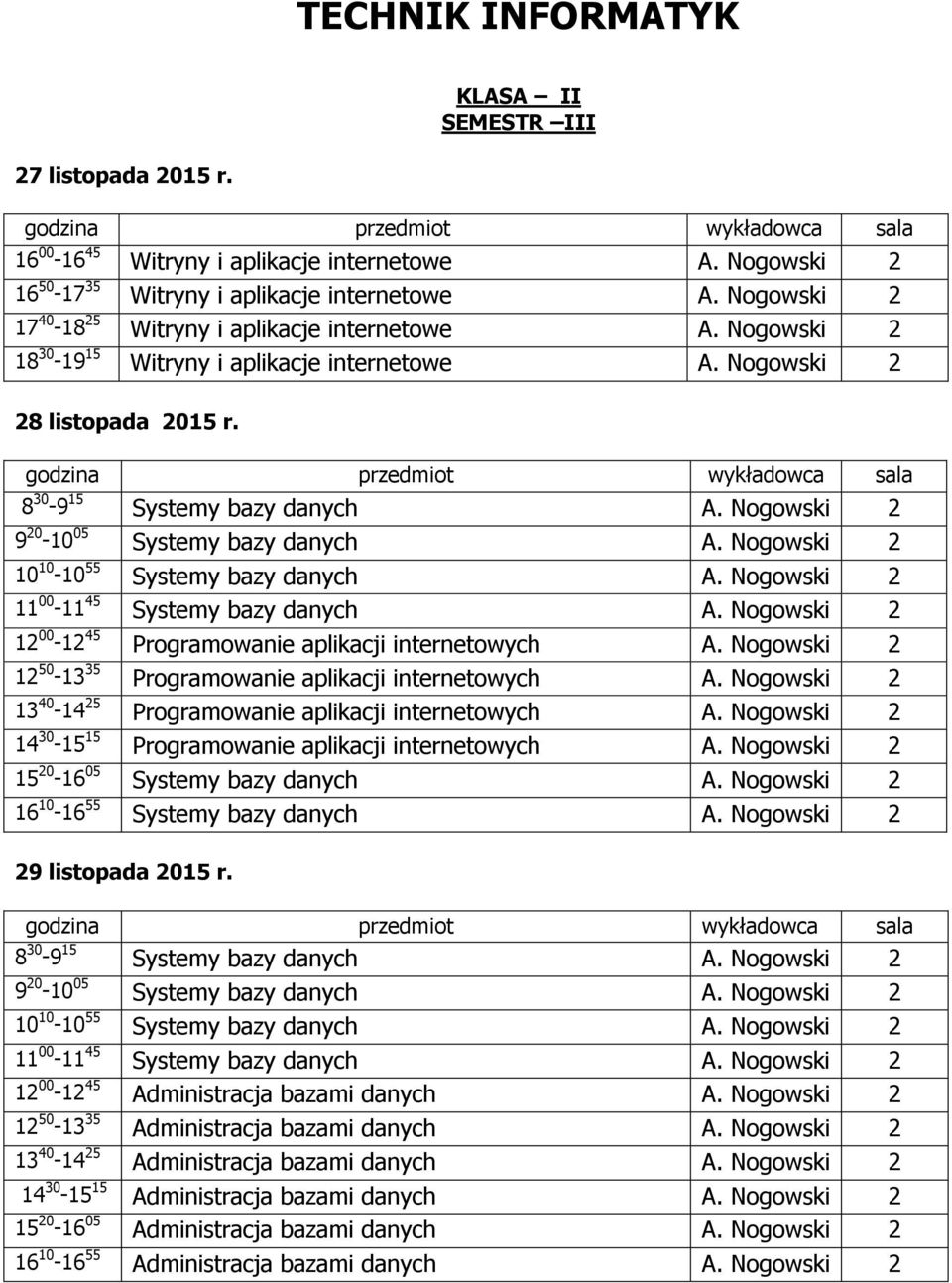 Nogowski 2 9 20-10 05 Systemy bazy danych A. Nogowski 2 10 10-10 55 Systemy bazy danych A. Nogowski 2 11 00-11 45 Systemy bazy danych A. Nogowski 2 12 00-12 45 Programowanie aplikacji internetowych A.