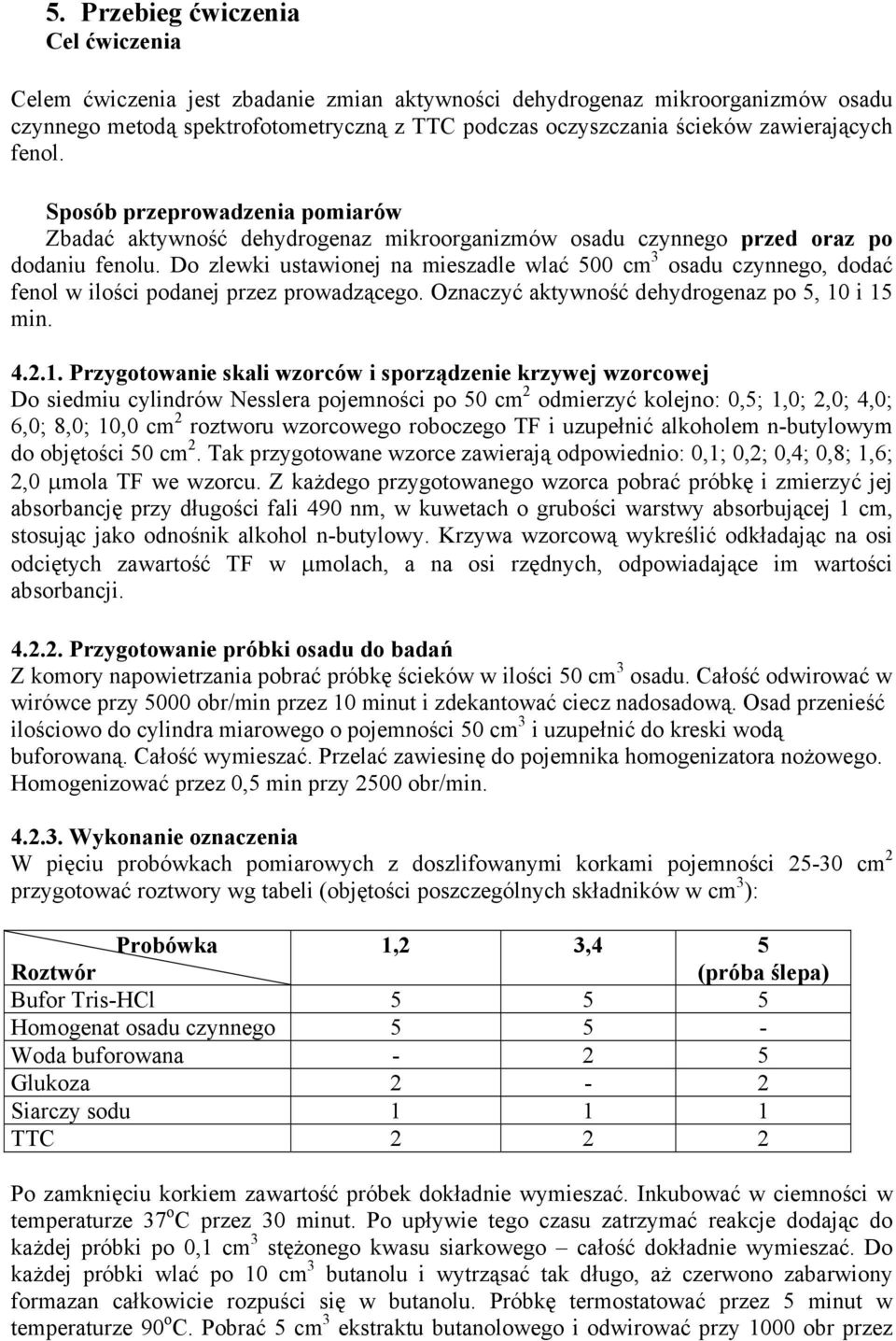 Do zlewki ustawionej na mieszadle wlać 500 cm 3 osadu czynnego, dodać fenol w ilości podanej przez prowadzącego. Oznaczyć aktywność dehydrogenaz po 5, 10