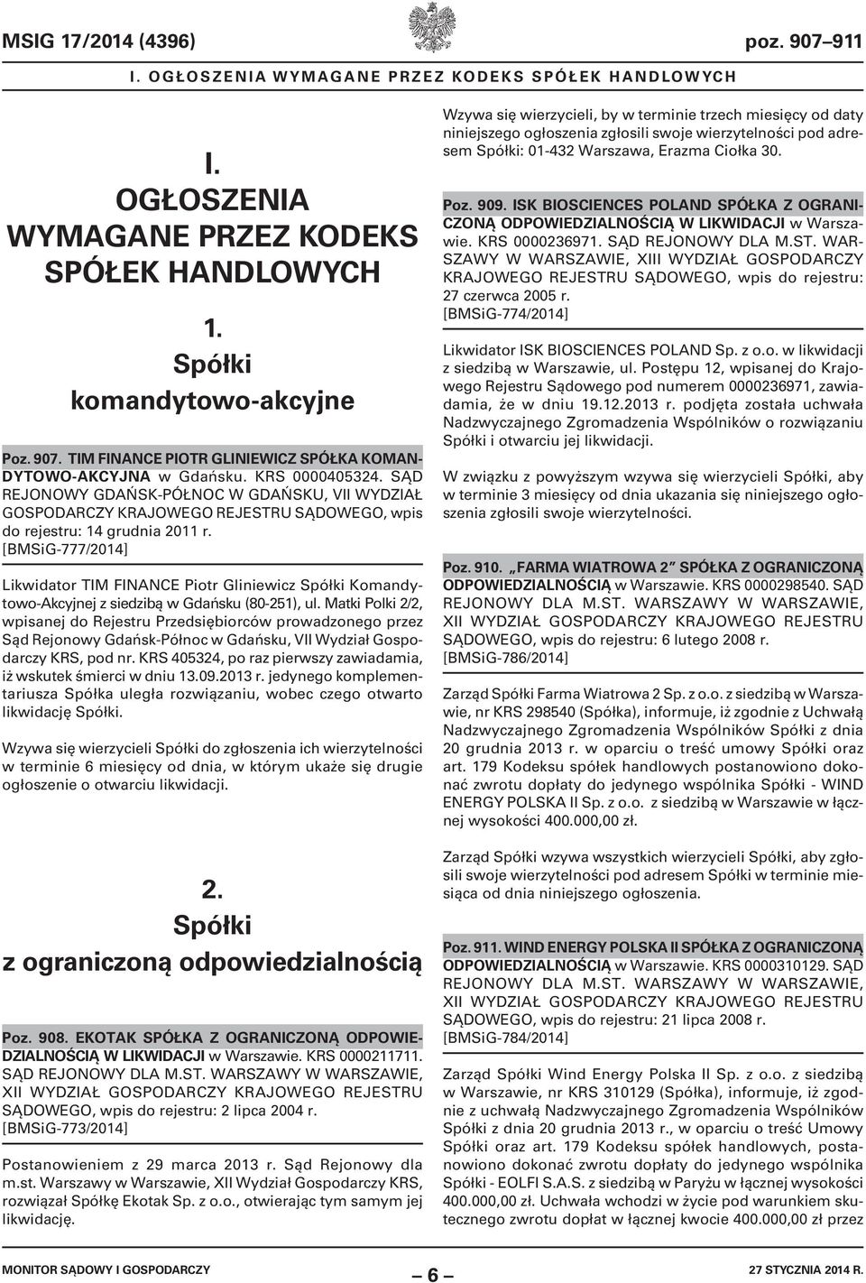 [BMSiG-777/2014] Likwidator TIM FINANCE Piotr Gliniewicz Spółki Komandytowo-Akcyjnej z siedzibą w Gdańsku (80-251), ul.