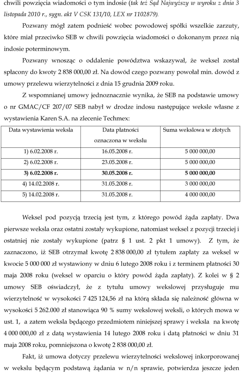 Pozwany wnosząc o oddalenie powództwa wskazywał, że weksel został spłacony do kwoty 2 838 000,00 zł. Na dowód czego pozwany powołał min.