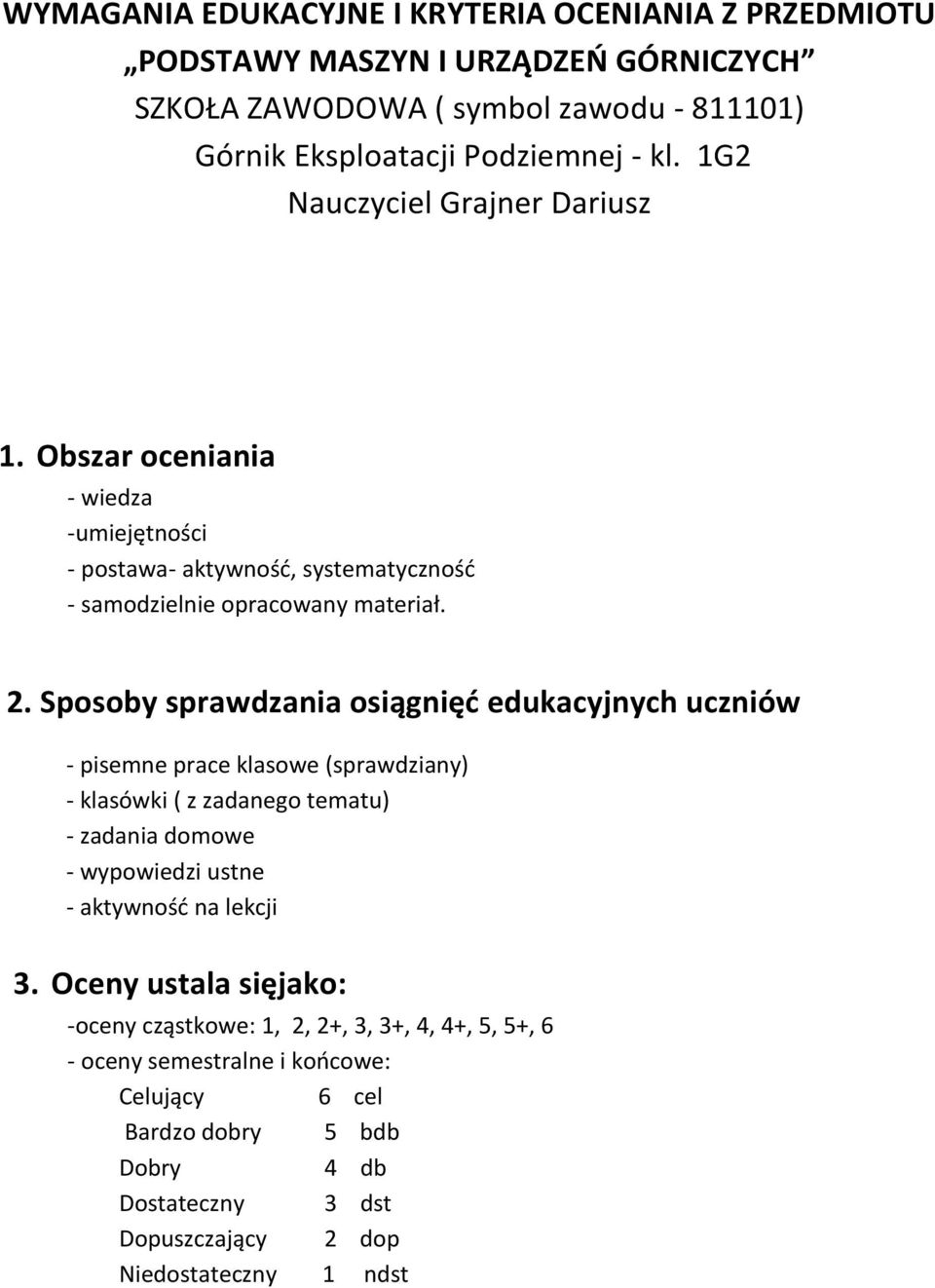 Sposoby sprawdzania osiągnięć edukacyjnych uczniów - pisemne prace klasowe (sprawdziany) - klasówki ( z zadanego tematu) - zadania domowe - wypowiedzi ustne - aktywność na lekcji