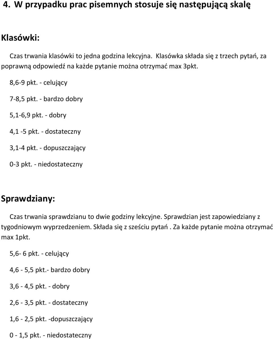 - dobry 4,1-5 pkt. - dostateczny 3,1-4 pkt. - dopuszczający 0-3 pkt. - niedostateczny Sprawdziany: Czas trwania sprawdzianu to dwie godziny lekcyjne.