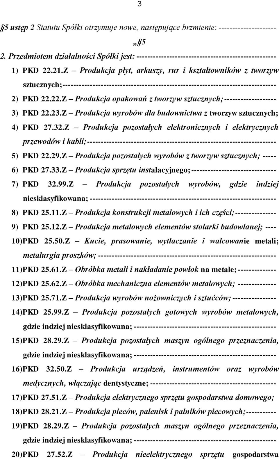 22.Z Produkcja opakowań z tworzyw sztucznych; ------------------- 3) PKD 22.23.Z Produkcja wyrobów dla budownictwa z tworzyw sztucznych; 4) PKD 27.32.