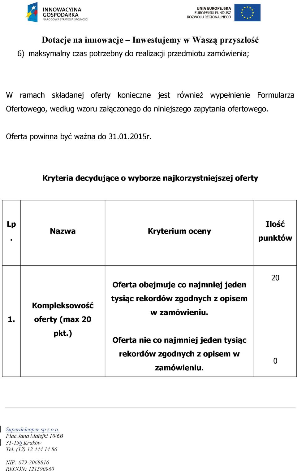 Kryteria decydujące o wyborze najkorzystniejszej oferty Lp. Nazwa Kryterium oceny Ilość punktów Oferta obejmuje co najmniej jeden 20 1.