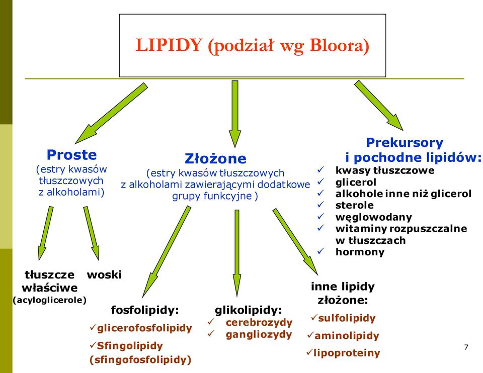 sterole węglowodany witaminy rozpuszczalne w tłuszczach hormony tłuszcze woski właściwe (acyloglicerole) fosfolipidy: