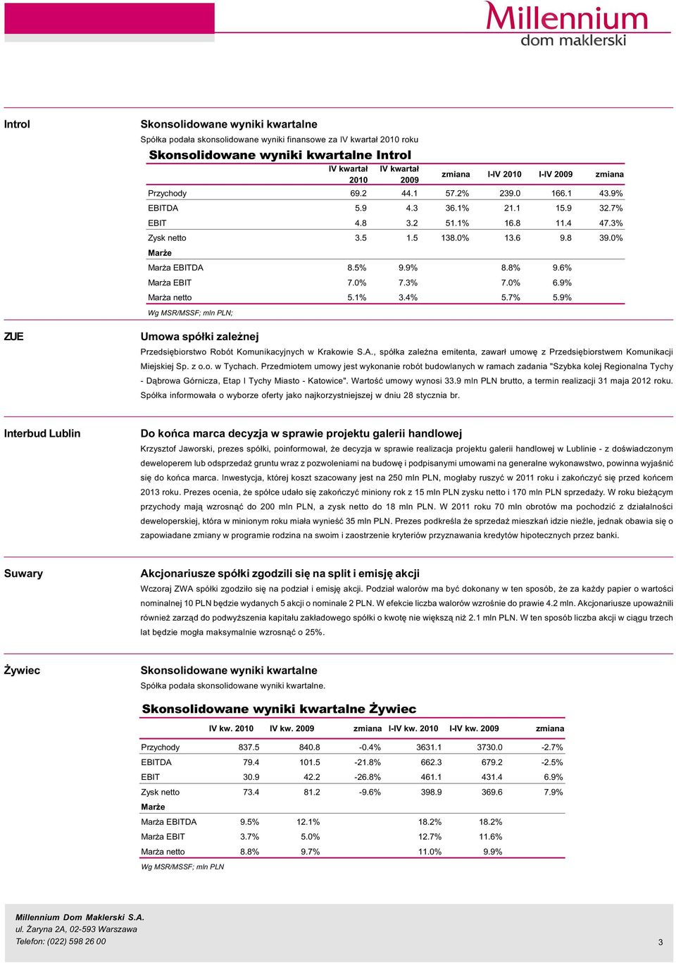 9% Wg MSR/MSSF; mln PLN; ZUE Umowa spó³ki zale nej Przedsiêbiorstwo Robót Komunikacyjnych w Krakowie S.A., spó³ka zale na emitenta, zawar³ umowê z Przedsiêbiorstwem Komunikacji Miejskiej Sp. z o.o. w Tychach.