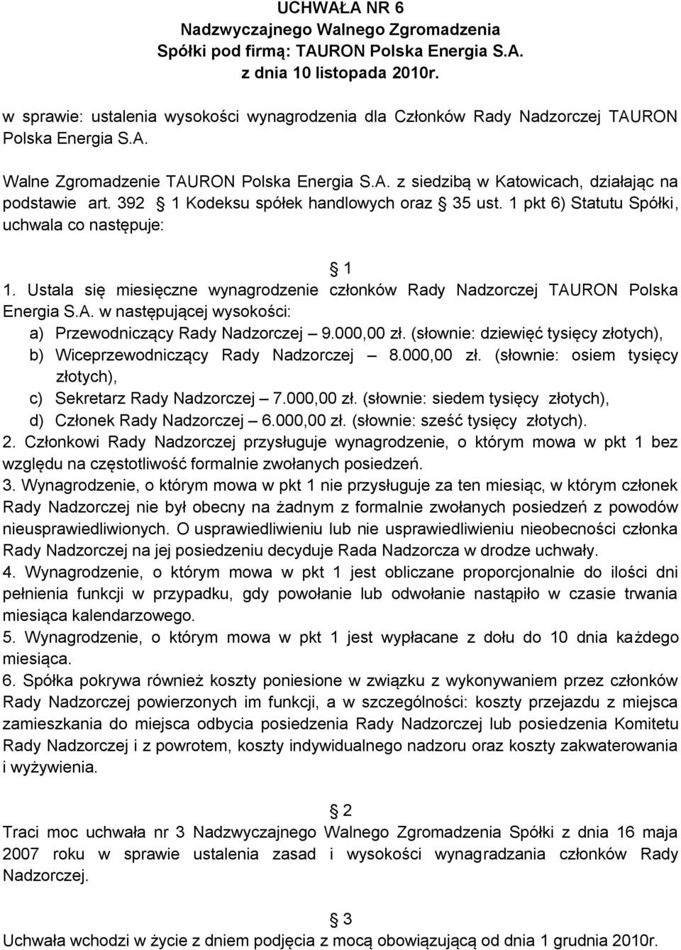 RON Polska Energia S.A. w następującej wysokości: a) Przewodniczący Rady Nadzorczej 9.000,00 zł. (słownie: dziewięć tysięcy złotych), b) Wiceprzewodniczący Rady Nadzorczej 8.000,00 zł. (słownie: osiem tysięcy złotych), c) Sekretarz Rady Nadzorczej 7.