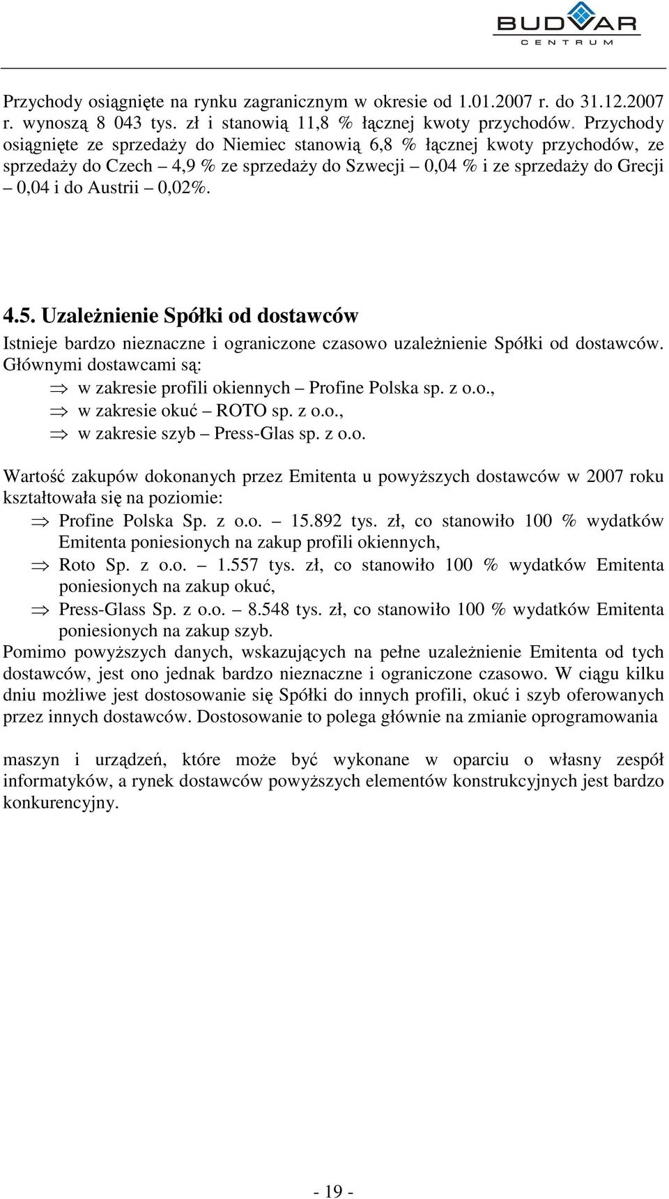 Uzalenienie Spółki od dostawców Istnieje bardzo nieznaczne i ograniczone czasowo uzalenienie Spółki od dostawców. Głównymi dostawcami s: w zakresie profili okiennych Profine Polska sp. z o.o., w zakresie oku ROTO sp.