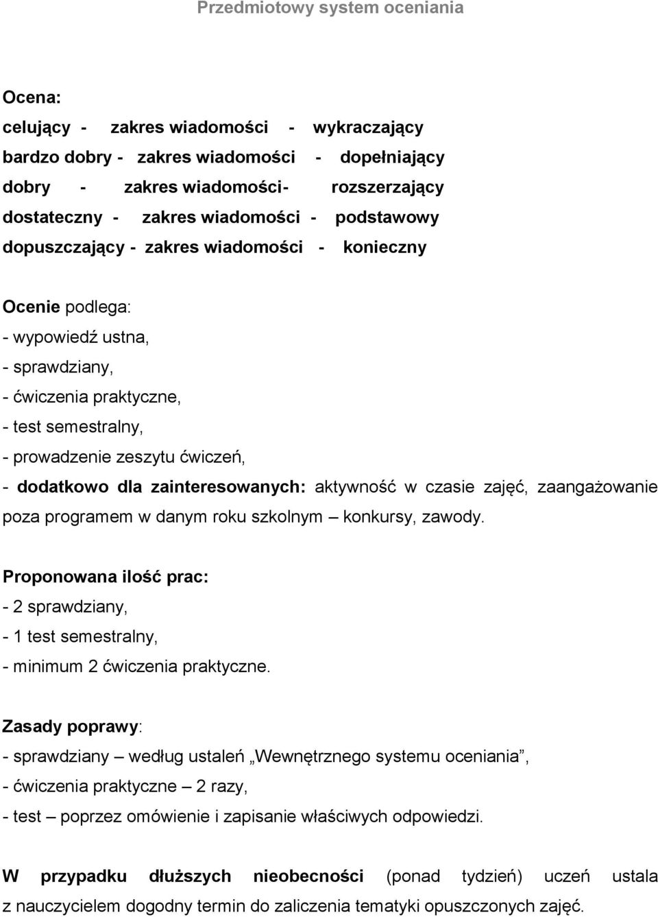 zeszytu ćwiczeń, - dodatkowo dla zainteresowanych: aktywność w czasie zajęć, zaangażowanie poza programem w danym roku szkolnym konkursy, zawody.