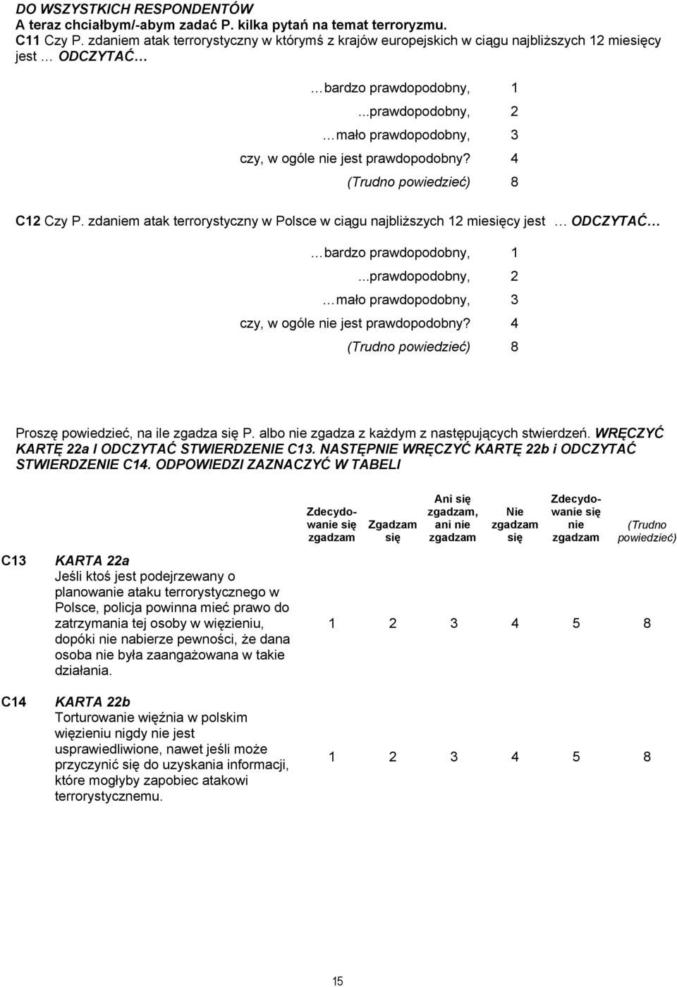 ..prawdopodobny, 2 mało prawdopodobny, 3 czy, w ogóle nie jest prawdopodobny? 4 C12 Czy P. zdaniem atak terrorystyczny w Polsce w ciągu najbliższych 12 miesięcy jest ODCZYTAĆ bardzo prawdopodobny, 1.