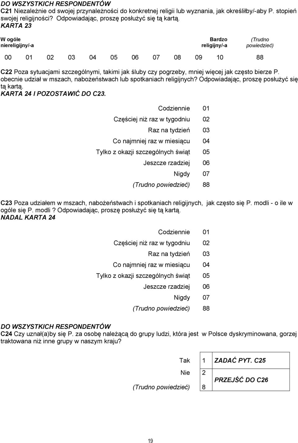 obecnie udział w mszach, nabożeństwach lub spotkaniach religijnych? Odpowiadając, proszę posłużyć się tą kartą. KARTA 24 I POZOSTAWIĆ DO C23.