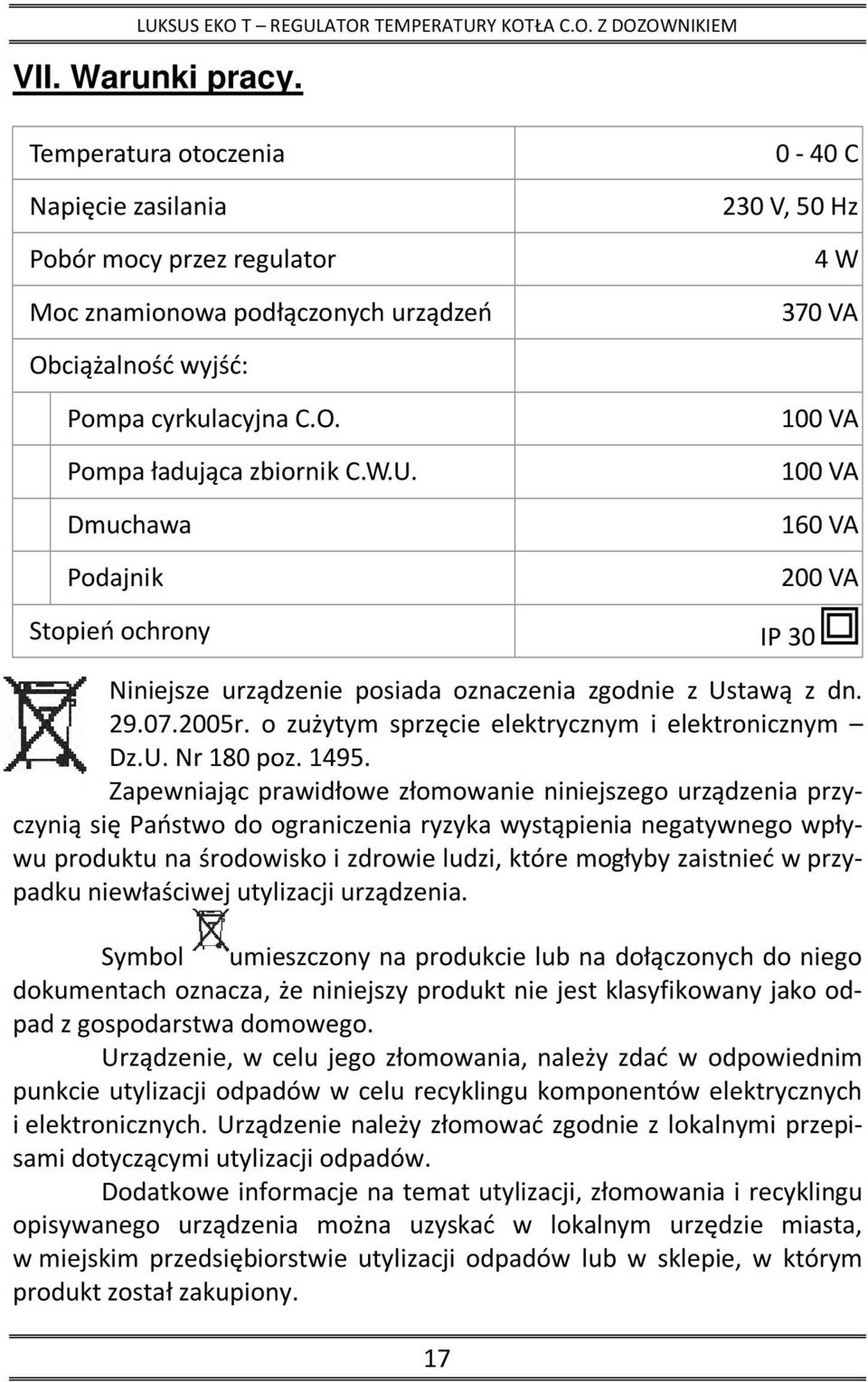 o zużytym sprzęcie elektrycznym i elektronicznym Dz.U. Nr 180 poz. 1495.