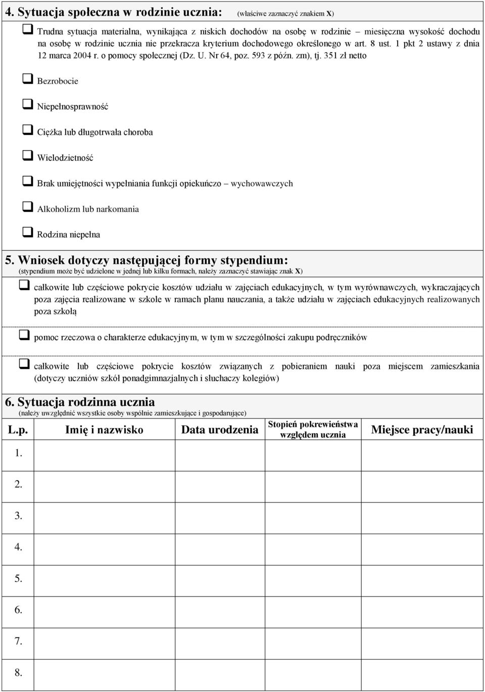 351 zł netto Bezrobocie Niepełnosprawność Ciężka lub długotrwała choroba Wielodzietność Brak umiejętności wypełniania funkcji opiekuńczo wychowawczych Alkoholizm lub narkomania Rodzina niepełna 5.