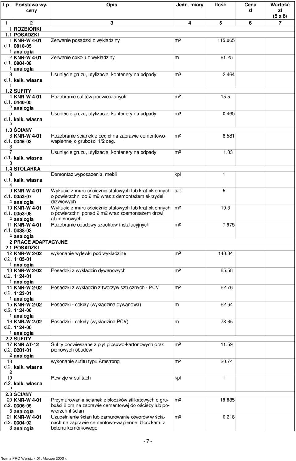 Rozebranie sufitów podwieszanych m. Usunięcie gruzu, utylizacja, kontenery na odpady m 0. Rozebranie ścianek z cegieł na zaprawie cementowowapiennej o grubości / ceg. m 8.