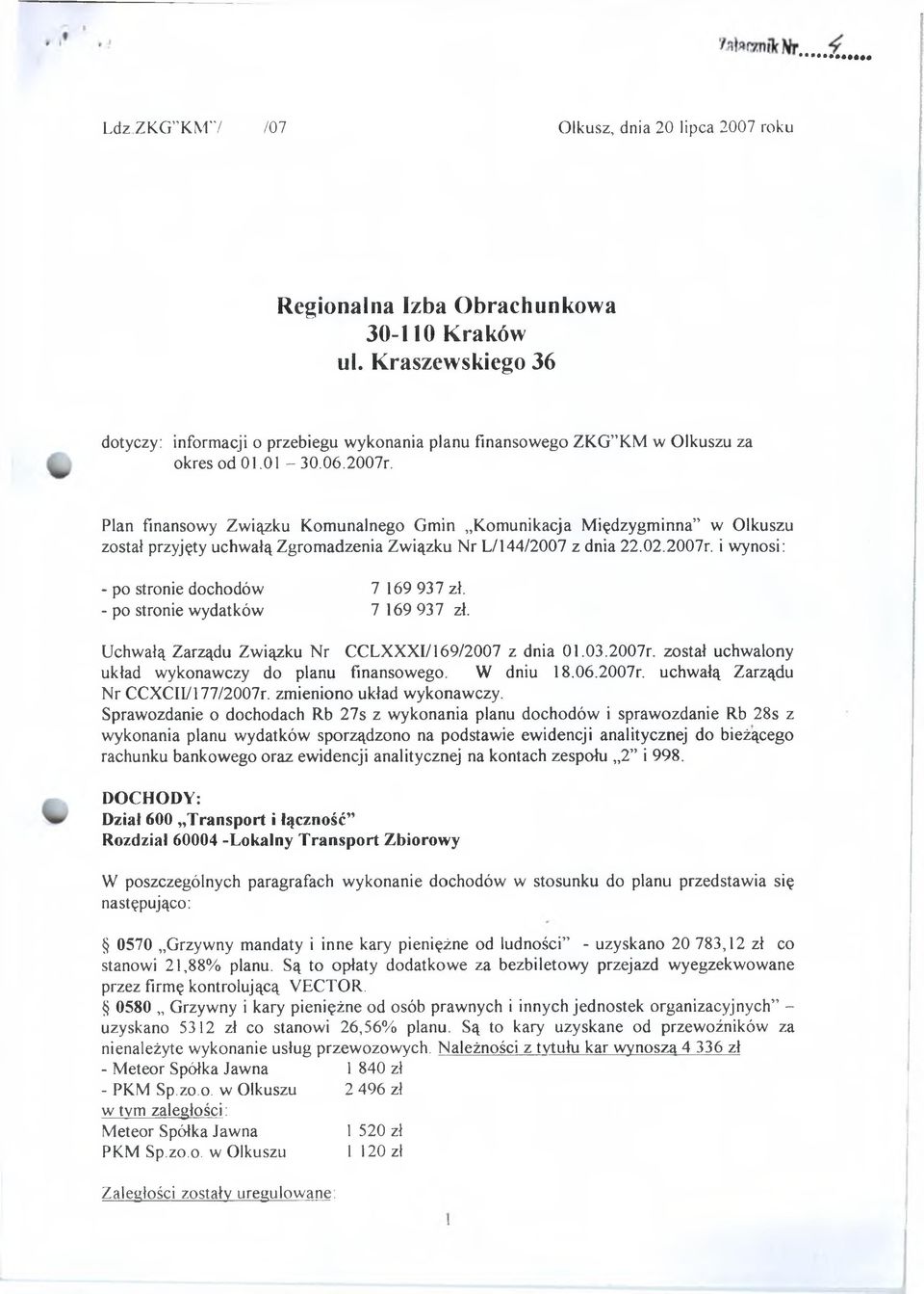 Plan finansowy Związku Komunalnego Gmin Komunikacja Międzygminna w Olkuszu został przyjęty ucłiwałą Zgromadzenia Związku Nr L / l44/2007 z dnia 22.02.2007r.
