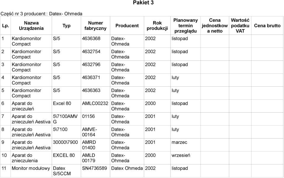 AMLC00232 Datex- 2000 listopad 7 Aparat do znieczuleń Aestiva 5\7100AMV G 01156 Datex- 2001 luty 8 Aparat do znieczuleń Aestiva 5\7100 AMVE- 00164 Datex- 2001 luty 9 Aparat do