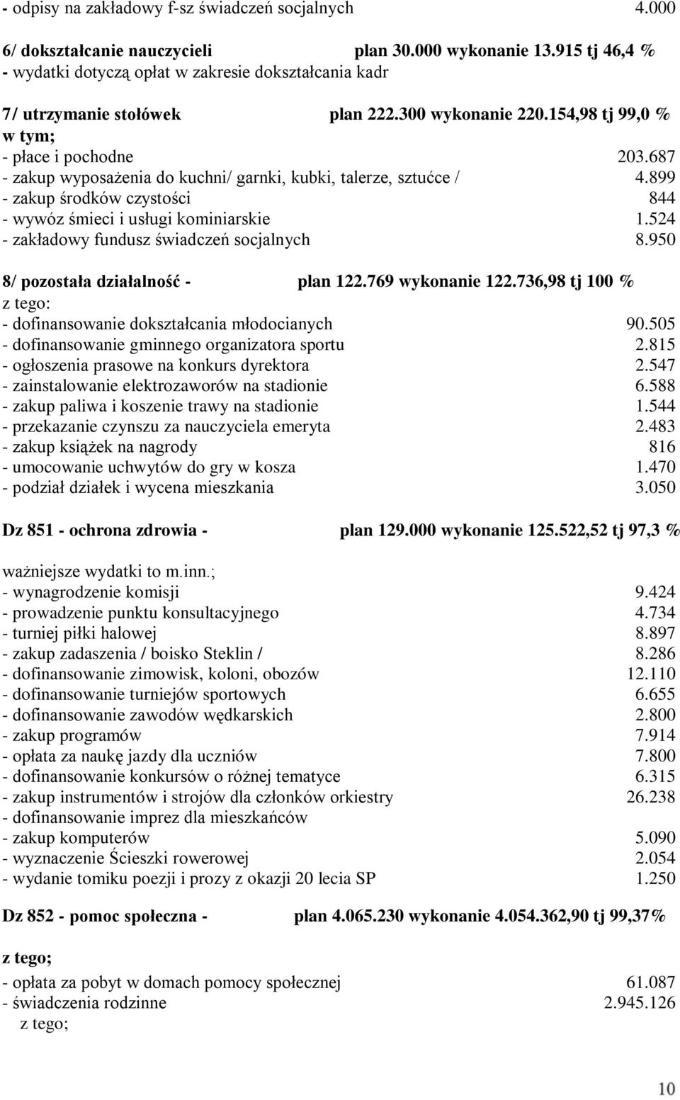 687 - zakup wyposażenia do kuchni/ garnki, kubki, talerze, sztućce / 4.899 - zakup środków czystości 844 - wywóz śmieci i usługi kominiarskie 1.524 - zakładowy fundusz świadczeń socjalnych 8.