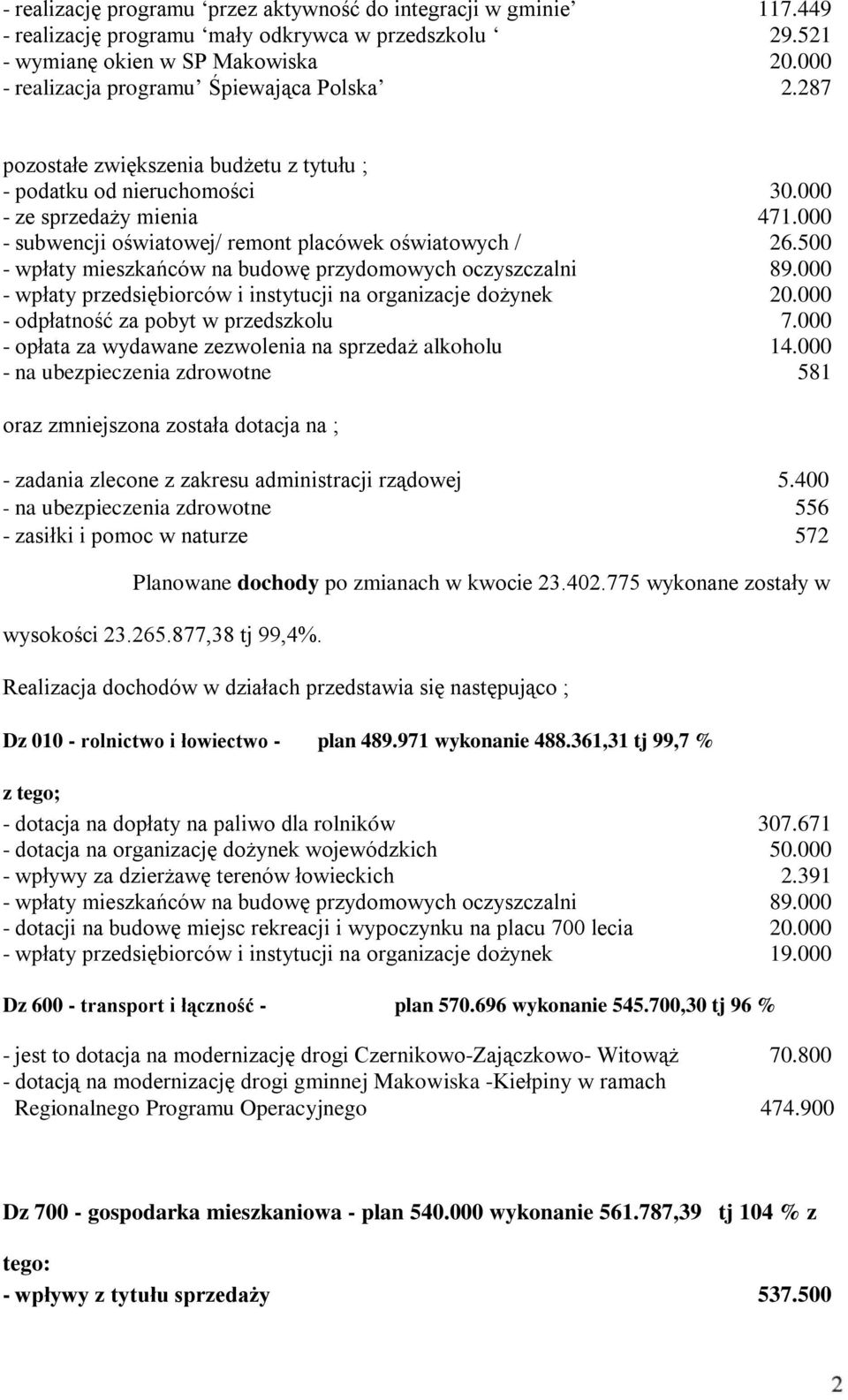 000 - subwencji oświatowej/ remont placówek oświatowych / 26.500 - wpłaty mieszkańców na budowę przydomowych oczyszczalni 89.000 - wpłaty przedsiębiorców i instytucji na organizacje dożynek 20.