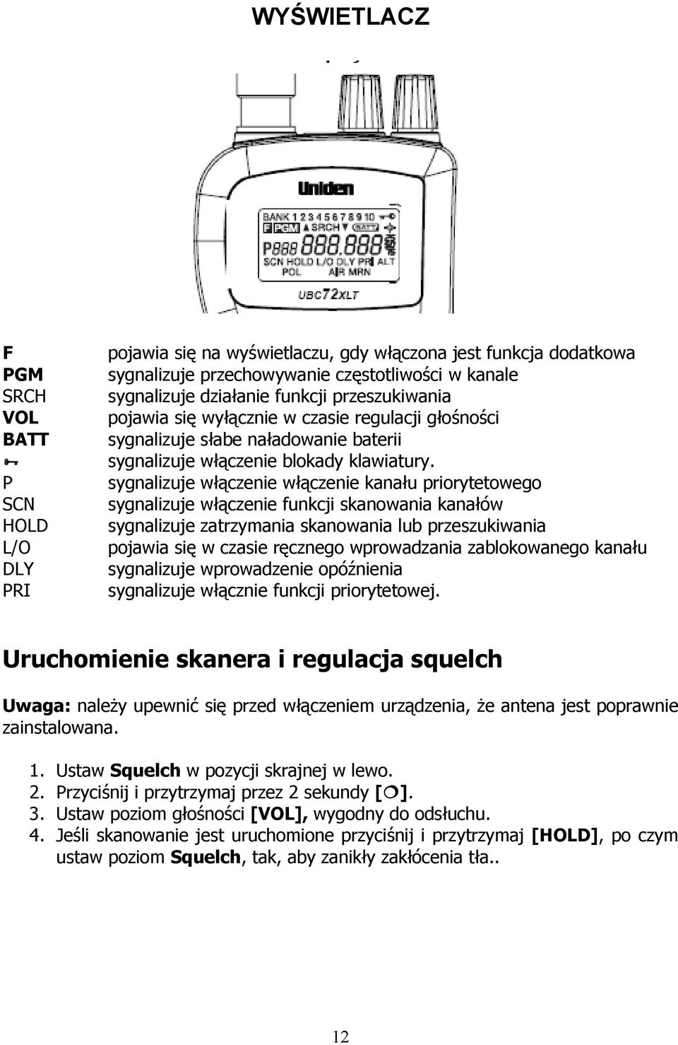 sygnalizuje włączenie włączenie kanału priorytetowego sygnalizuje włączenie funkcji skanowania kanałów sygnalizuje zatrzymania skanowania lub przeszukiwania pojawia się w czasie ręcznego wprowadzania